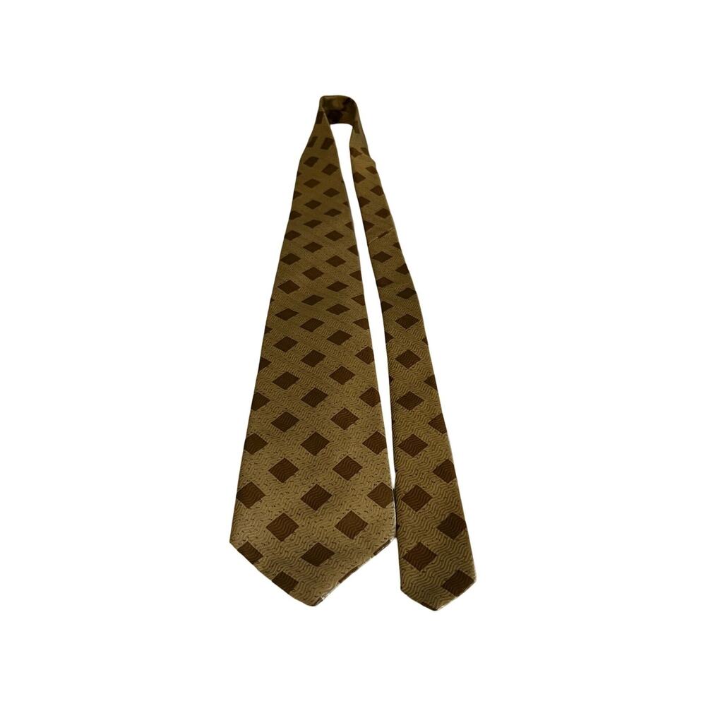 Christian Dior Silk Tie 54" Brown Tan Gold Geometric Designer Necktie Vintage